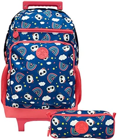 Mochila Feminina Escolar Notebook Rodinha Impermeavel Panda Azul Rosa Estojo